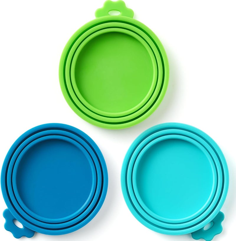 Basic Haus 3 Pack Universal Pet Food Can Covers Lids - One fit 3 Standard Size Cans for Cats and Dogs Food Cans - Easy to Clean - Safe Silicone - Emerald Wave - Image 1